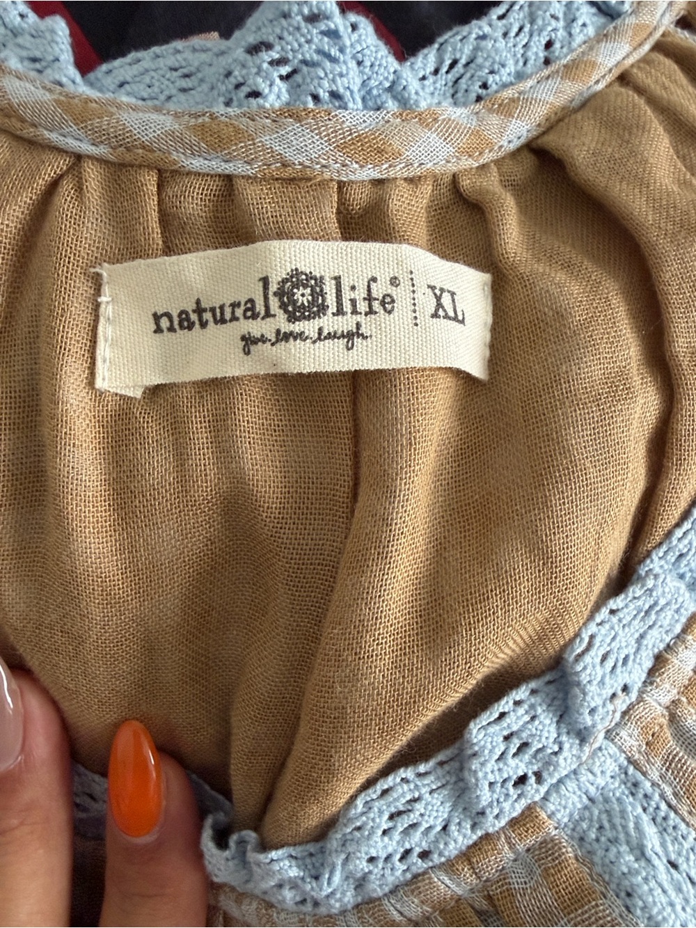 Natural Life Indy Tunic GinghamDress in Tan with Blue Trim-XL NWOT - Picture 5 of 7